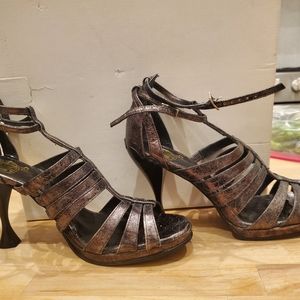 John Fluevog Pewter Strappy Sandals